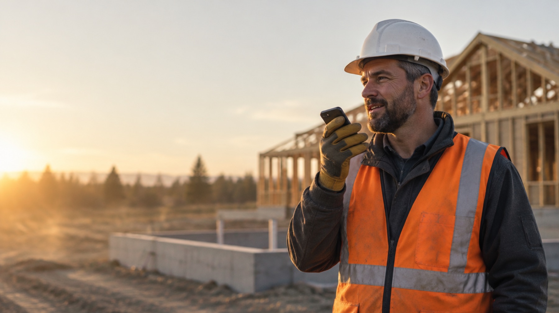 A foreman on a job site at sunset, recording a voice note on his phone