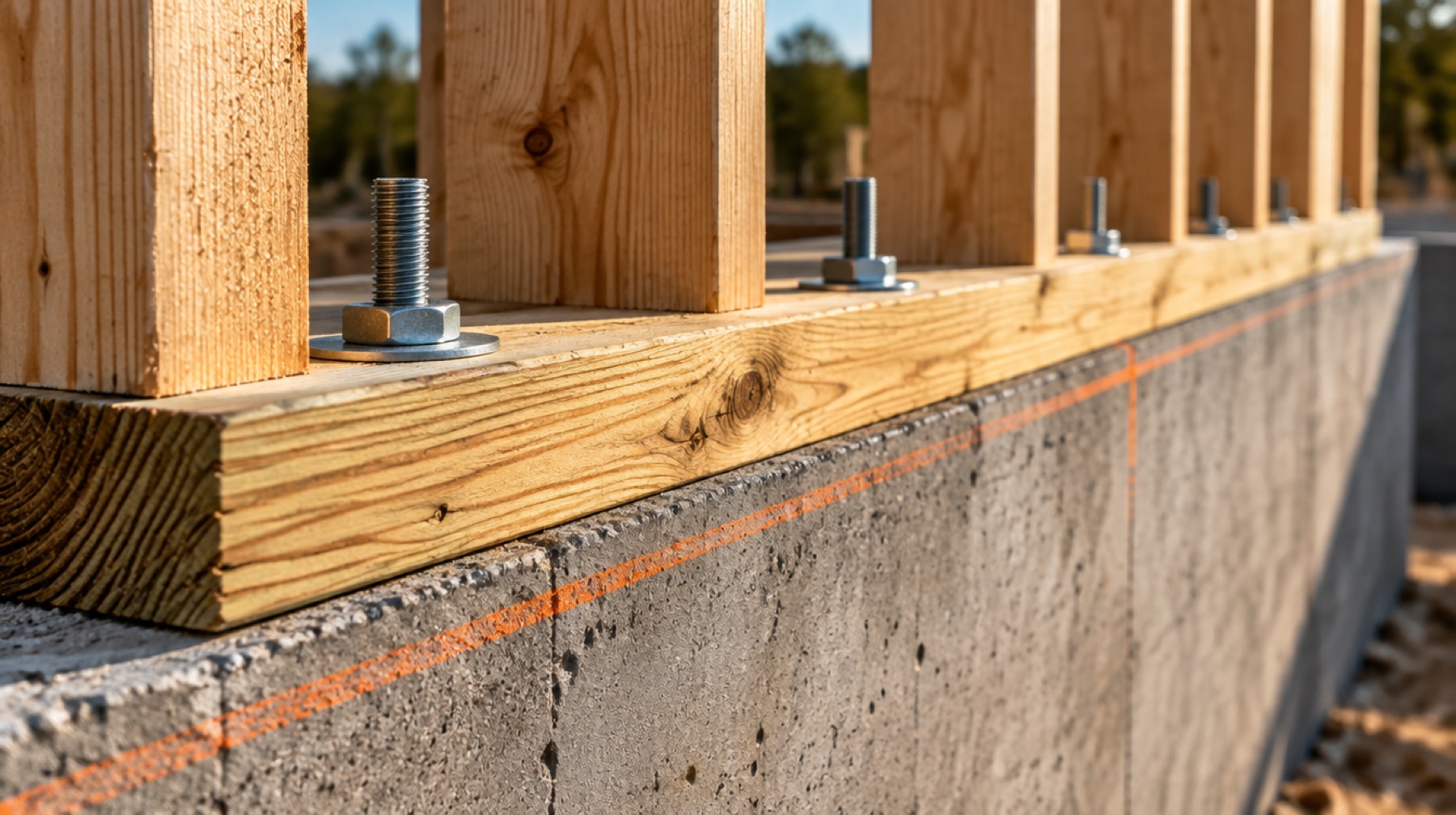 A wooden sill plate bolted onto a concrete foundation