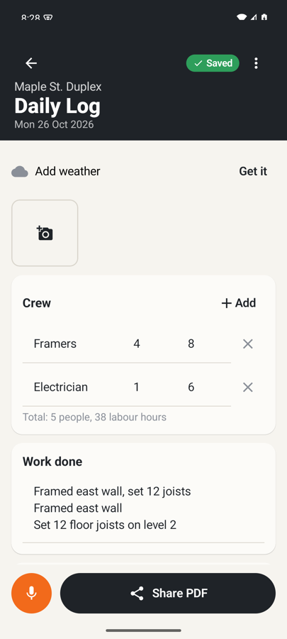 A finished daily log with crew and work done filled in