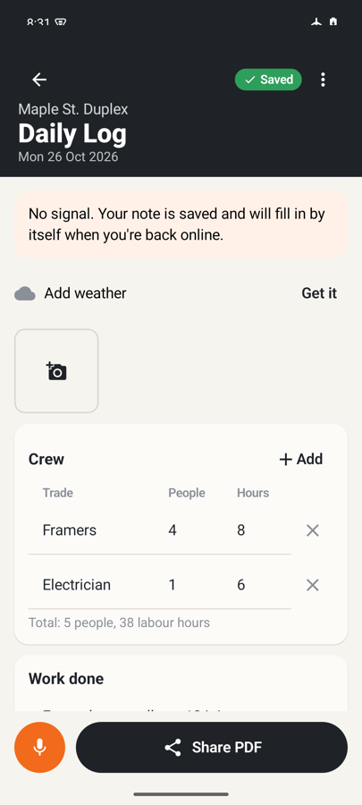 Log screen showing: No signal. Your note is saved and will fill in by itself.