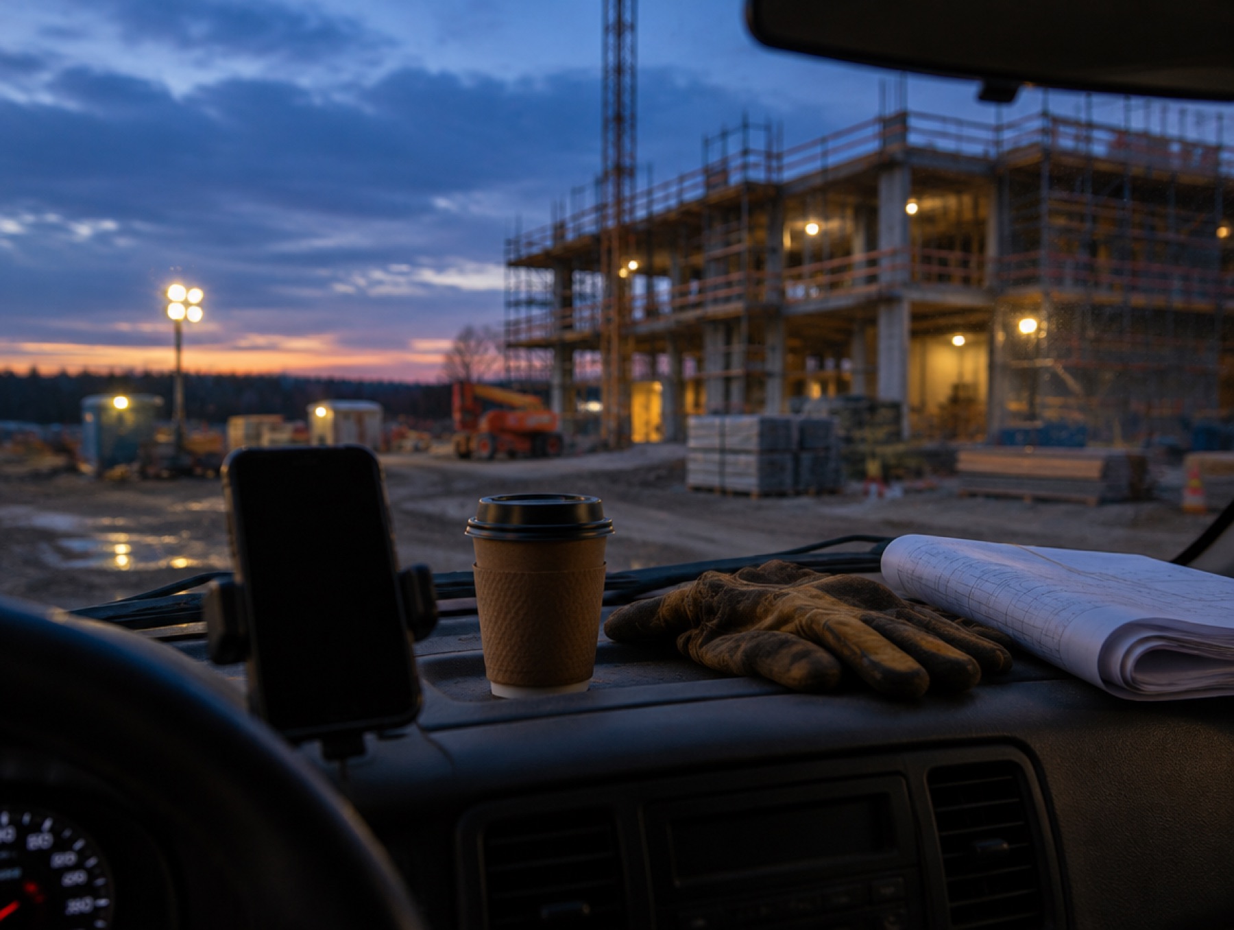 A phone on a truck dashboard at dusk, with a building site outside